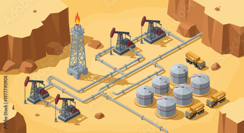 Oil extraction and storage facility in a desert landscape.