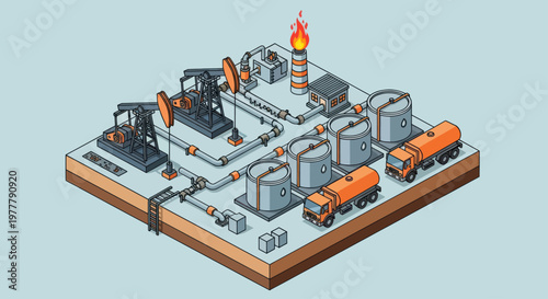 Oil extraction and processing industrial complex with pump jacks and tankers.