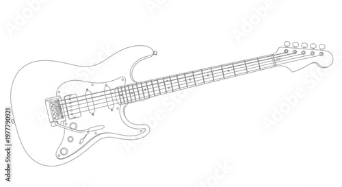 A minimalist outline drawing of a six-string electric guitar on a white background
