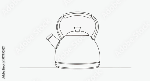 Minimalist black line drawing of a rounded kettle with a handle and spout on a flat surface