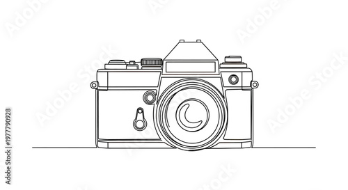 Detailed line art of a vintage camera on a white background