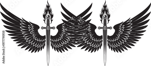 Fantasy sword with flaming hilt and wings, symmetrical battle design, divine warfare concept, power protection artwork, flat vector illustration