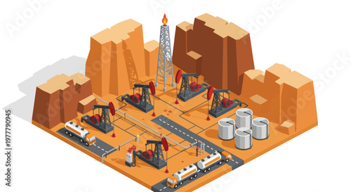 Oil extraction site with multiple pump jacks and storage tanks.