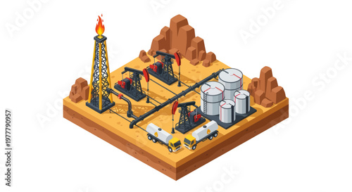 Oil extraction site with pump jacks and storage tanks.