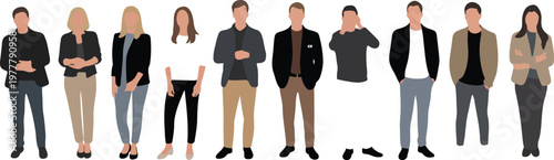 Clean minimalist vector of diverse office team arranged in alternating outfits shown in slight perspective lineup