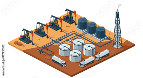 Oil extraction and storage facility with pump jacks and tankers.