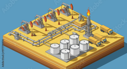 Oil extraction and storage facility with pump jacks and storage tanks.