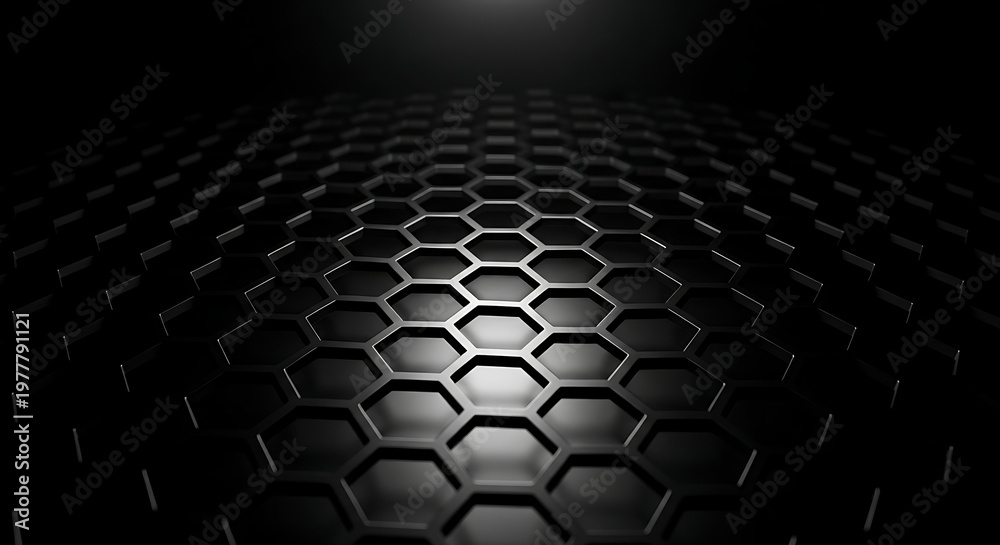 Obraz premium dark background a sleek hexagonal pattern on a metallic surface forming an abstract grid ideal for modern technology visuals.