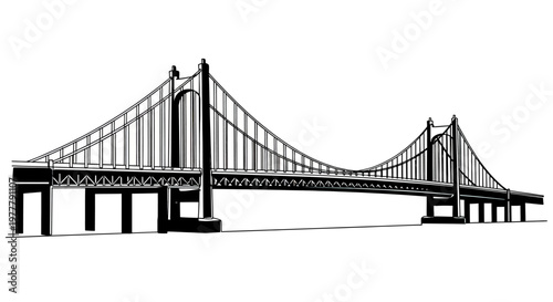A monochrome illustration of a suspension bridge with two towers, cables, and a roadway