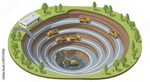 Open Pit Mine Excavation with Heavy Machinery and Terraced Levels.