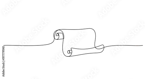 Minimalist single-line drawing of a unrolled scroll, isolated on white background