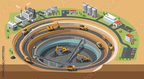 Open Pit Mine with Heavy Machinery and Infrastructure.