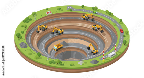 Open pit mine with heavy machinery and layered earth cross-section.