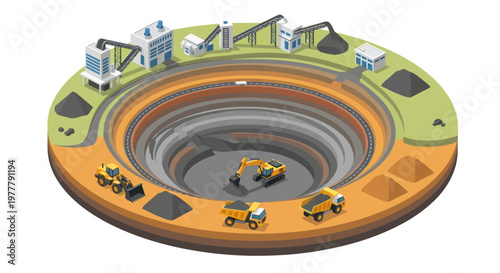 Open pit mining operation with heavy machinery and infrastructure.