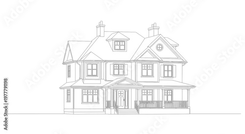 Detailed architectural line drawing of a two-story residential house with a porch