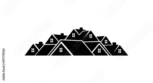 Silhouette of a cluster of houses with prominent roofs and windows.