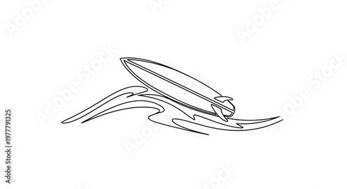 A minimalist line drawing of a surfboard perched atop stylized ocean waves