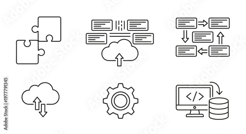 Technology icons for coding and software.