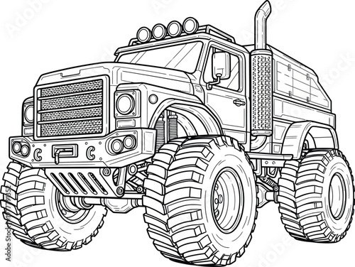 Black and white line art of a powerful monster truck.