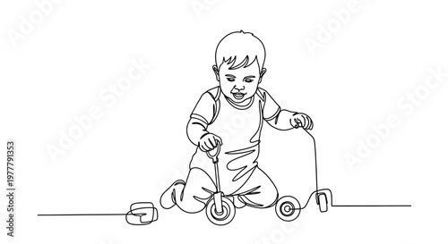 A baby sits on a toy scooter and blocks