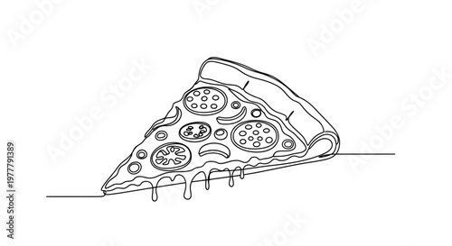 A single line drawing of a slice of pizza with dripping cheese