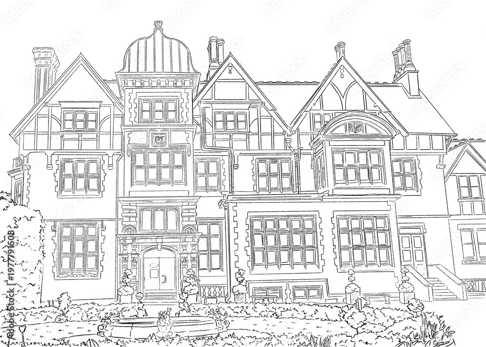 Fototapeta premium Castle Roof Estate Outline vintage building drawing pencil sketch line art illustration