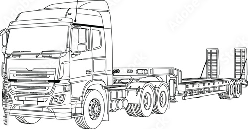 Black and white outline drawing of a heavy duty semi truck with a flatbed trailer.