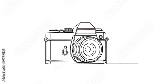 Minimalist line art of a classic film camera on a white background