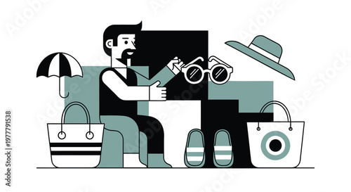 Vector illustration of man on vacation, travel concept with luggage and accessories, summer leisure activities, relaxation and tourism