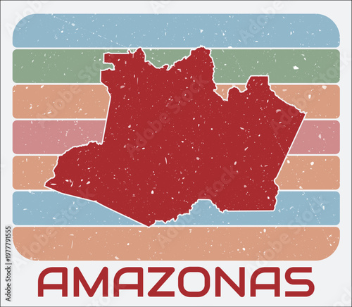 Amazonas, Brazil vintage logo. Shape of the state on retro colored stripes background. Amazonas, Brazil map design with grunge scratch texture. Vector illustration.