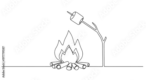 A simple line drawing shows a campfire with a marshmallow on a stick