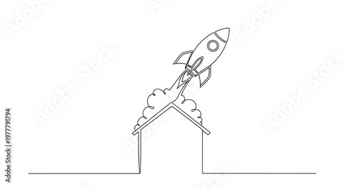 Minimalist line art of a rocket launching from a house roof