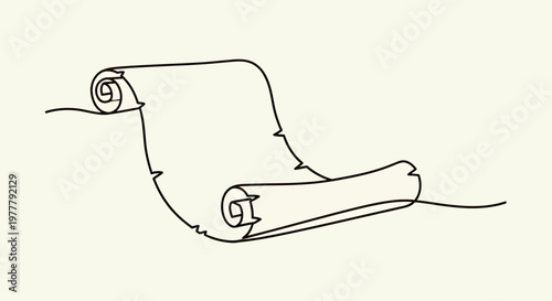 A single continuous line drawing depicts an unfurled, torn parchment scroll with rolled ends