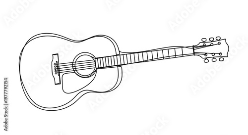 Detailed outline of an acoustic guitar with six strings and tuning pegs