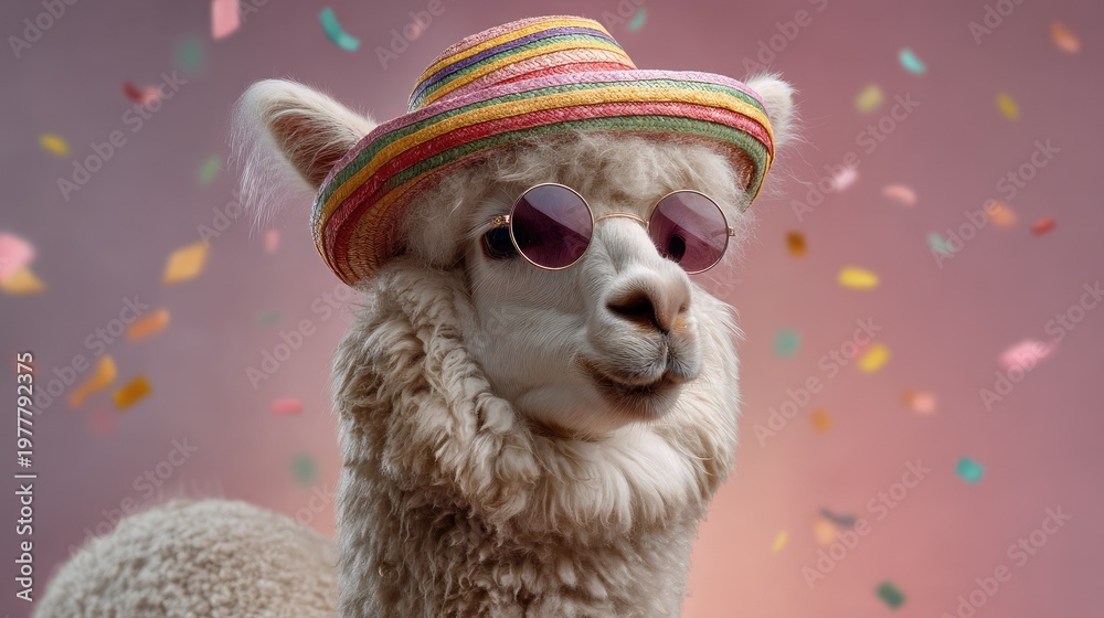 Obraz premium Fun and Stylish Alpaca Wearing Colorful Hat and Sunglasses Surrounded by Colorful Confetti in a Joyful and Playful Atmosphere