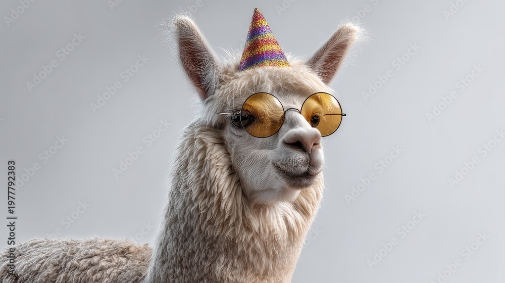 Obraz premium Cheerful llama wearing colorful party hat and round sunglasses, ready to celebrate, showcasing fun and joy in a whimsical atmosphere
