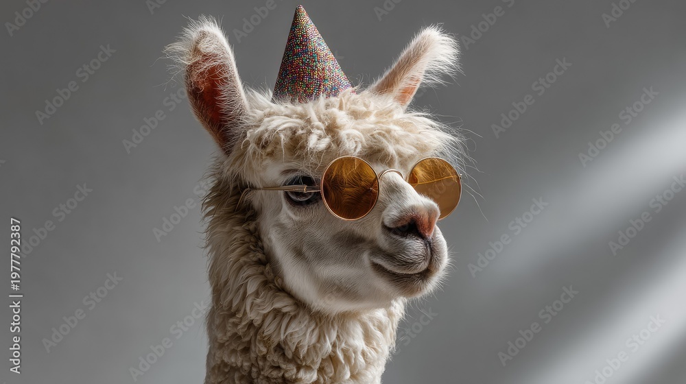 Fototapeta premium Playful llama wearing party hat and sunglasses exudes charm and joy in a fun and whimsical setting with soft lighting and gray background