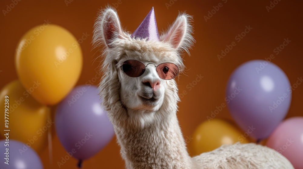 Naklejka premium Adorable llama wearing party hat and sunglasses with colorful balloons in the background for festive celebration or birthday theme