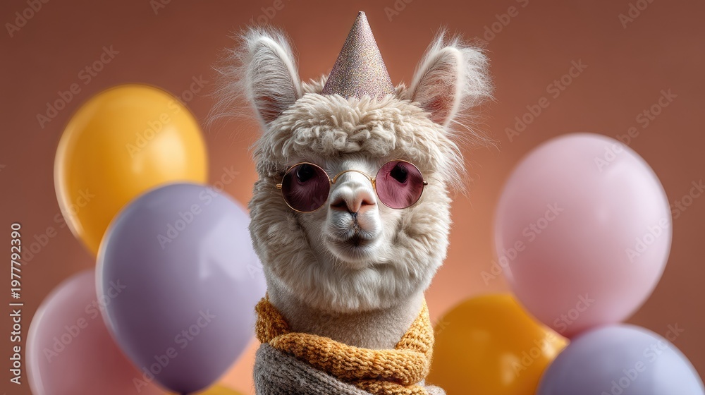 Obraz premium Whimsical Alpaca in Sunglasses with Birthday Hat Surrounded by Colorful Balloons on Textured Background for Celebratory Themes and Events