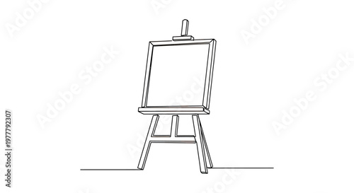 Simple line drawing of an empty canvas on a wooden easel against a white background