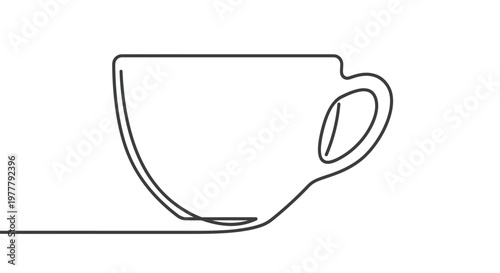 A minimalist black line drawing of a coffee cup and saucer