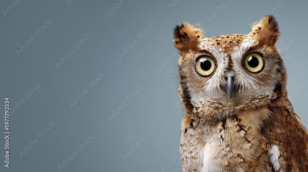Fototapeta premium Close-Up Portrait of an Adorable Owl with Big Eyes Against a Soft Grey Background, Showcasing Natural Beauty and Intriguing Features