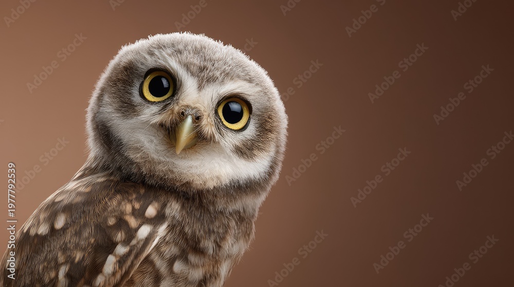 Obraz premium Curious owl with large eyes and detailed feathers perched on a subtle gradient background showcasing the beauty of wildlife in a natural setting