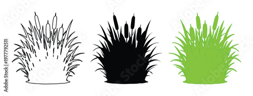 Set of 3 Cattail and Grass Bush Icons Vector