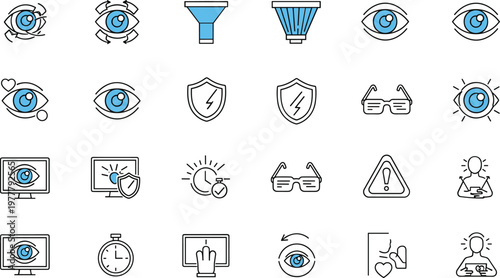 Set of Eye Protection and Vision Care Icons Featuring Blue Light Filter, Safety Glasses, Screen Protection, and Eye Health Concepts