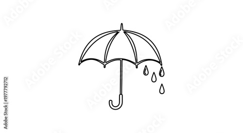 A simple line drawing of an open umbrella with raindrops falling from its edge