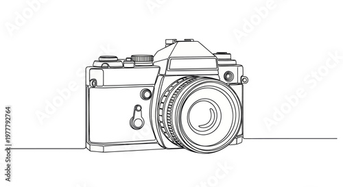 Single line drawing of a vintage camera with lens and controls