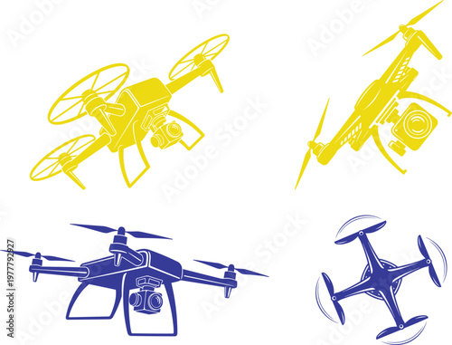 Drone quadcopter vector illustration set with multiple angles, aerial technology concept, flying camera devices, modern equipment design, isolated graphic style