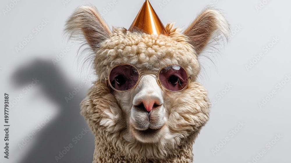 Fototapeta premium Playful and Stylish Alpaca Wearing Sunglasses and Party Hat, Perfect for Celebrations and Fun Events in a Bright Studio Setting