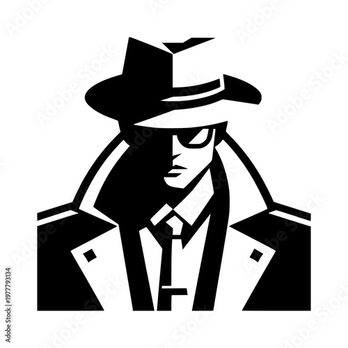 Shadowy Figure: A stylized illustration of a mysterious figure like Detective or spy in a trench coat, embodying secrecy and intrigue.